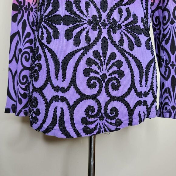 Faith Beaded Scroll Pattern Long Sleeve Knit Top Purple Pink Size Large - Picture 8 of 12